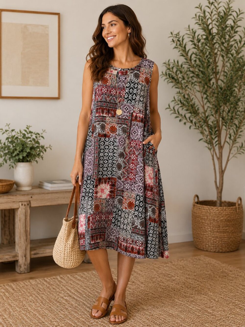 J. Jill Sleeveless Boho Patchwork Midi Swing Dress -XL Artsy Bohemian